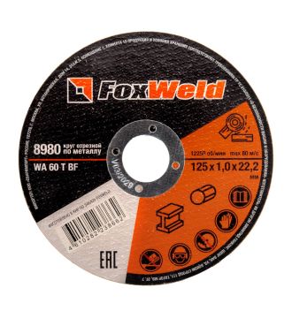 Круг отрезной по металлу FOXWELD WA 60 T BF, 125 х 1,0 х 22,2 мм, в метал. банке, 10 шт.